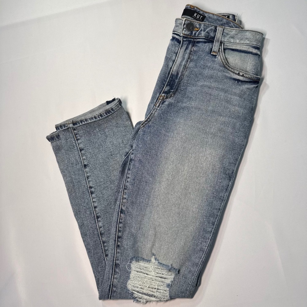 Kut from the Kloth Christine High Rise Straight Leg Jeans Blue Distressed Size 2